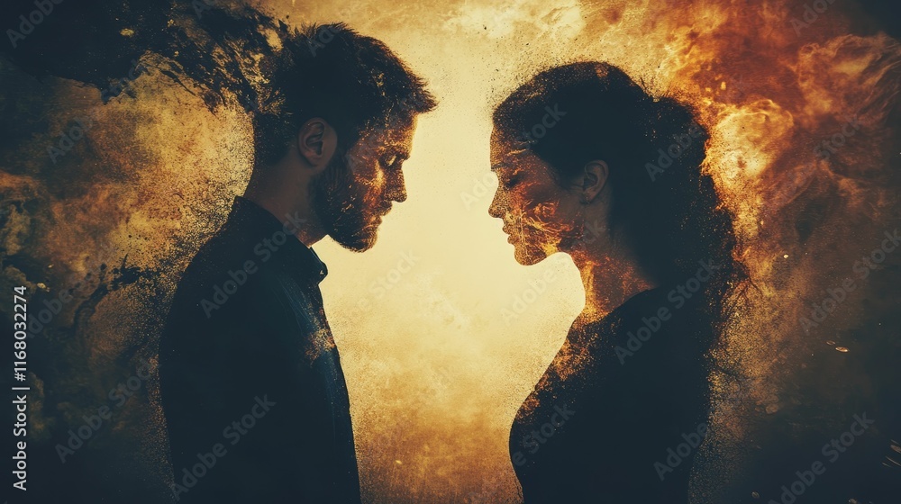 Couple's faces, gold dust, fiery background, abstract.