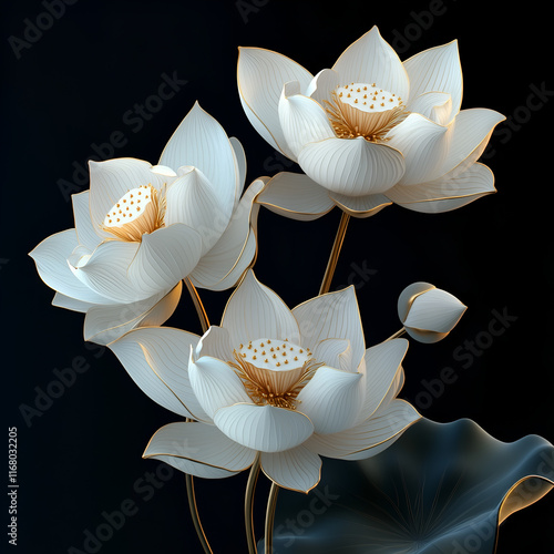 3D render of three white lotus flowers on dark background photo