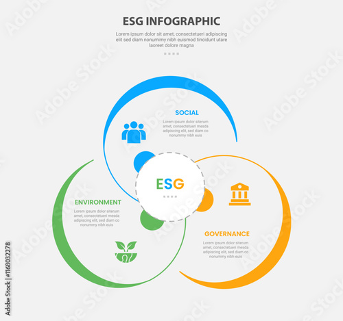 ESG infographic outline style with 3 point template with big circle cycle circular for slide presentation