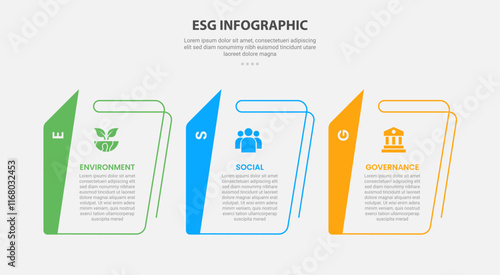 ESG infographic outline style with 3 point template with creative table with sharp vertical header for slide presentation