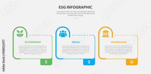 ESG infographic outline style with 3 point template with creative table box with half circle round on header for slide presentation