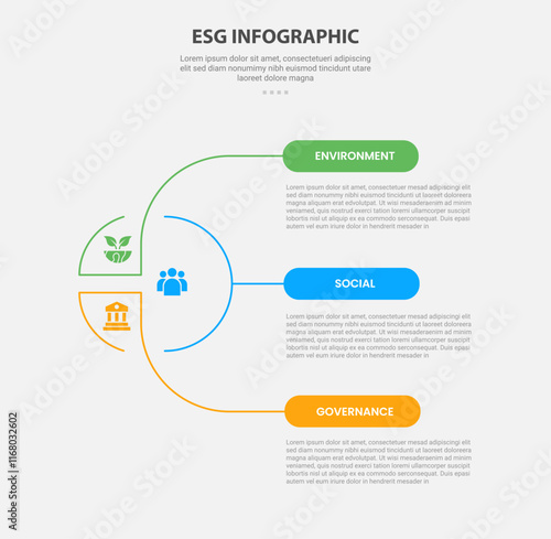 ESG infographic outline style with 3 point template with creative circle and link connection spreading for slide presentation