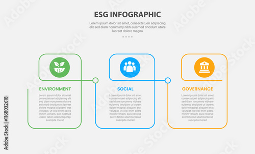 ESG infographic outline style with 3 point template with creative linked table with circle header for slide presentation