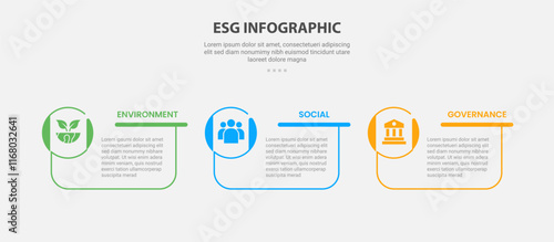 ESG infographic outline style with 3 point template with creative box container with circle icon on edge for slide presentation