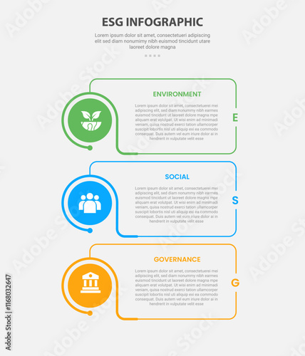 ESG infographic outline style with 3 point template with creative box with circle edge on vertical stack layout for slide presentation vector