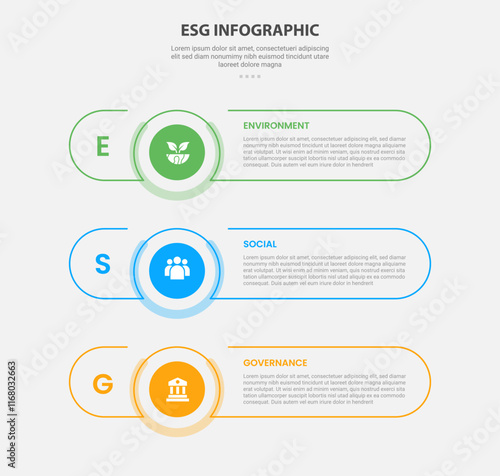 ESG infographic outline style with 3 point template with long round rectangle shape with stack vertical layout for slide presentation