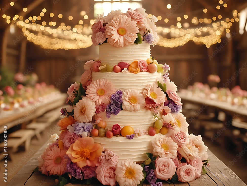Four-tiered wedding cake decorated with fresh flowers and fruits in rustic barn setting. Four-tiered wedding cake decorated with fresh flowers and fruits in rustic barn setting.