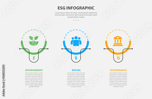 ESG infographic outline style with 3 point template with creative circle with line accessories on horizontal layout structure for slide presentation