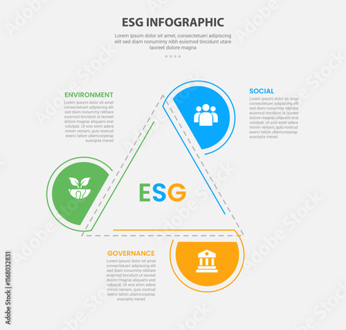 ESG infographic outline style with 3 point template with creative triangle structure with half circle edge for slide presentation