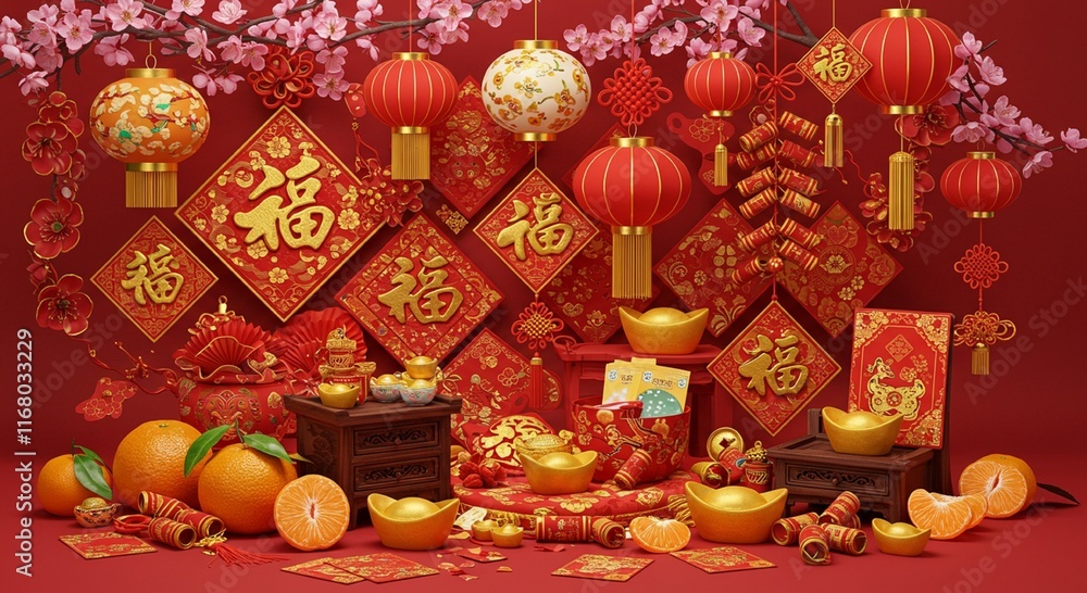 Naklejka premium Festive Chinese New Year Still Life Lanterns Gold Ornaments and Fruits