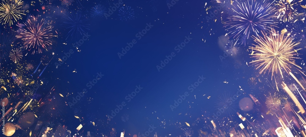 Fototapeta premium Fireworks Display on Dark Blue Background with Central White Space – Celebration Concept Banner