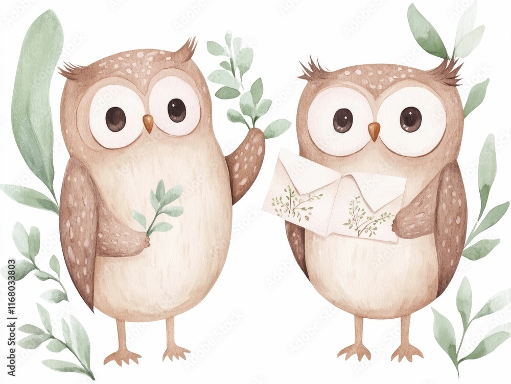 Obraz premium Whimsical Watercolor Painting Depicting a Pair of Owls One Holding a Love Letter with Delicate Floral Designs Set Against a Serene and Soft Background in Muted Tones