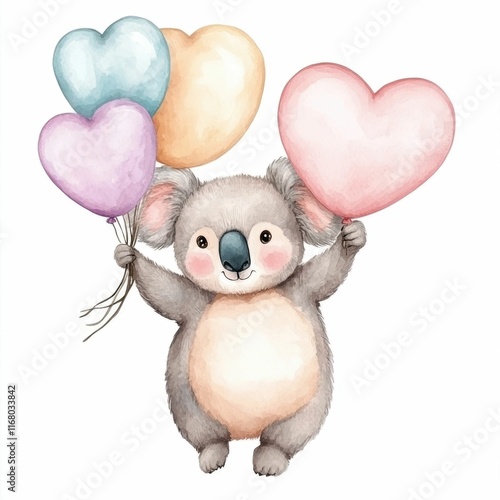 A delightful watercolor of a fluffy  adorable koala bear holding a bouquet of heart shaped balloons in soft  pastel shades  The whimsical  romantic scene evokes a sense of sweetness  tenderness photo