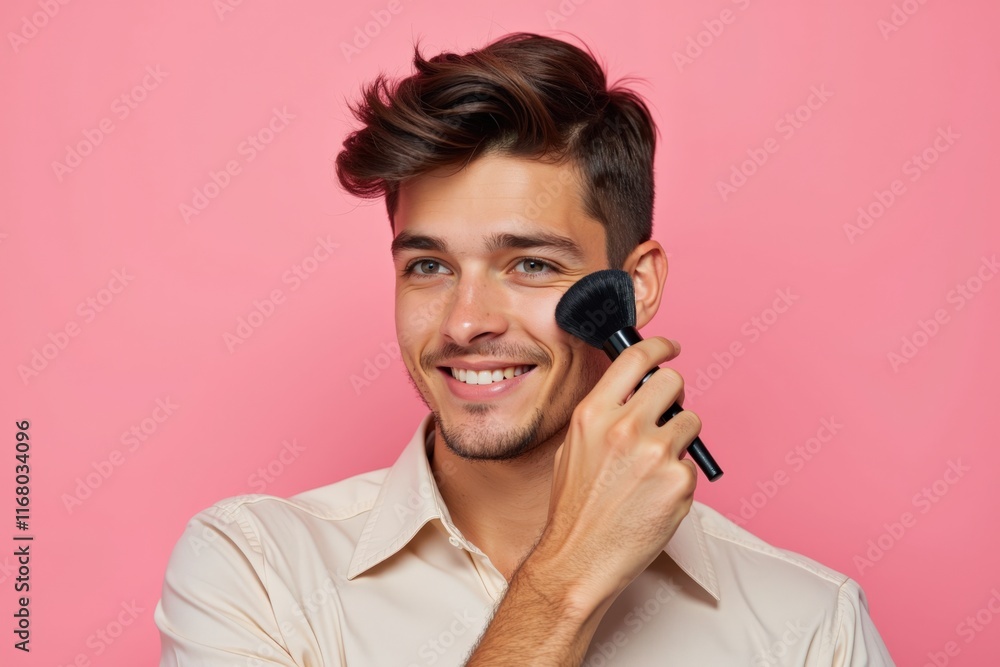 Smiling Man Applying Makeup with Brush on Pink Background Smiling Man Applying Makeup with Brush on Pink Background
