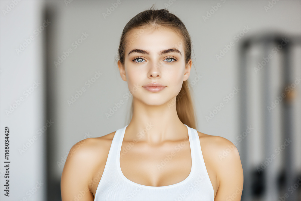 A focused woman wearing a white tank top in a minimal gym background, symbolizing determination, fitness goals, and health-focused living.