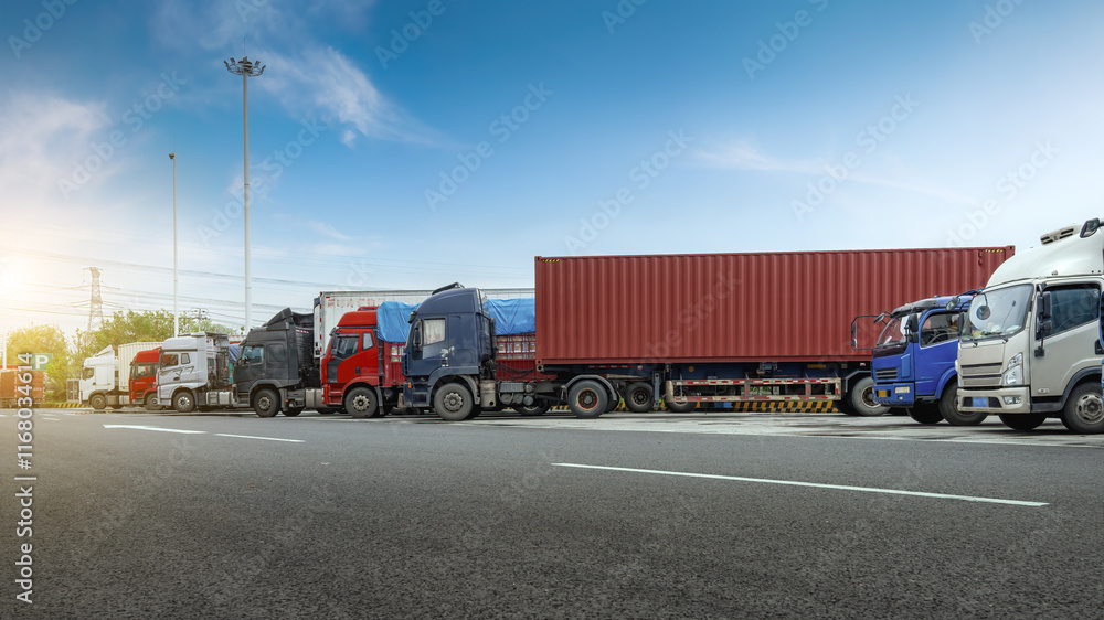 A Serene Truck Parking Area at Sunset with Container Freight A Serene Truck Parking Area at Sunset with Container Freight