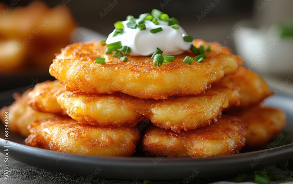 Crispy Potato Pancakes Stack with Sour Cream and Chives A Delicious Homemade Recipe Crispy Potato Pancakes Stack with Sour Cream and Chives A Delicious Homemade Recipe