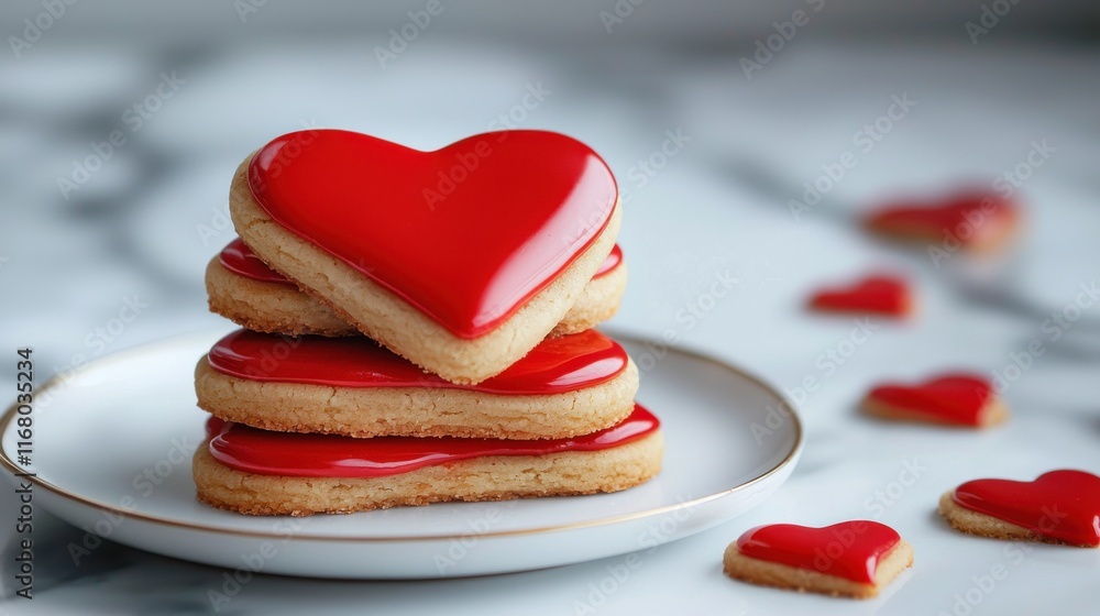Stack of Heart Shaped Cookies Decorated with Bright Red Icing on a White Plate and Marble Surface Stack of Heart Shaped Cookies Decorated with Bright Red Icing on a White Plate and Marble Surface