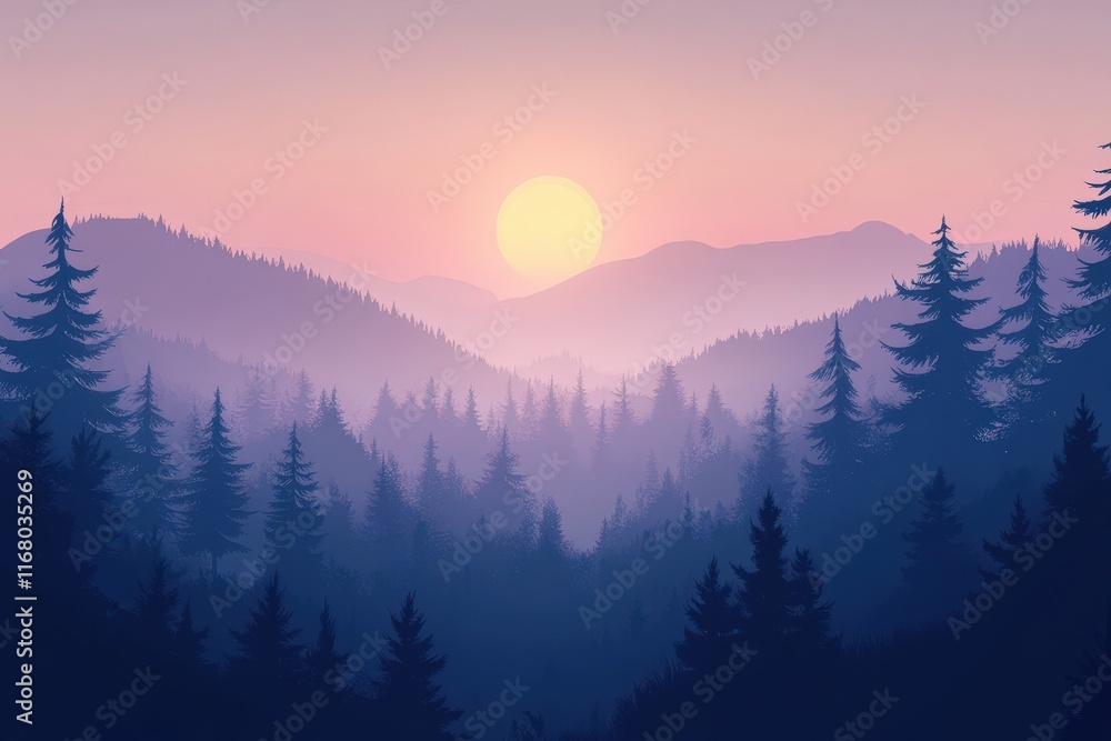 Obraz premium Serene Sunset Over Misty Mountain Forest Landscape