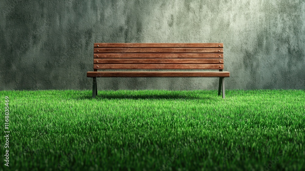 Fototapeta premium Single Wooden Bench Surrounded by Clean Green Lawn Against Textured Gray Wall in Outdoor Setting