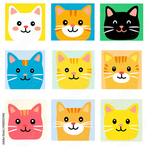 Colorful grid of cartoon cat faces with different expressions on a white background. Ideal for playful, creative, or fun designs with copy space.