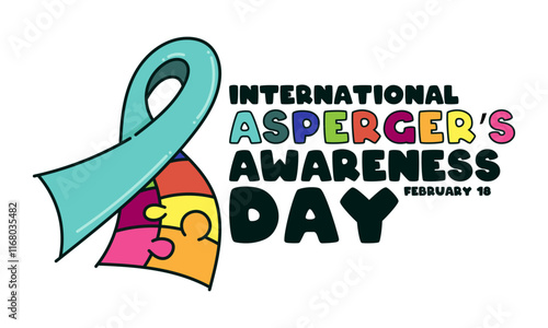 International Asperger's Awareness Day. February 18. Ribbon care with colorful puzzle. White background. Poster, banner, card.