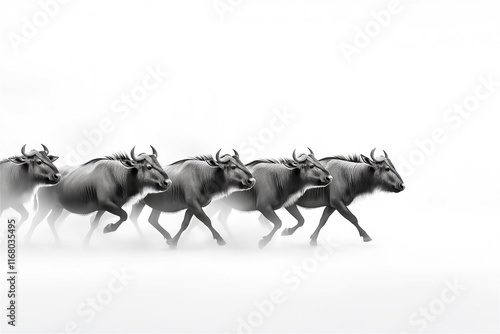 A row of black-and-white buffaloes walking in foggy scenery. The image creates a sense of movement and mystery, offering copy space for text. photo