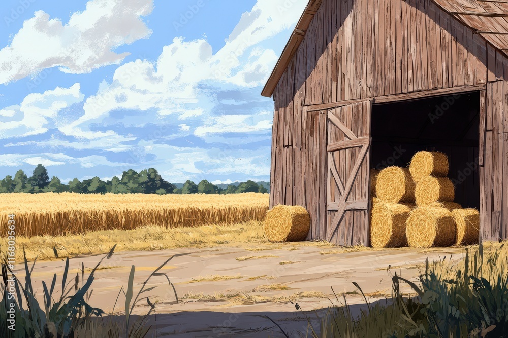 Rustic Barn Hay Bales Golden Field Summer Day Rustic Barn Hay Bales Golden Field Summer Day