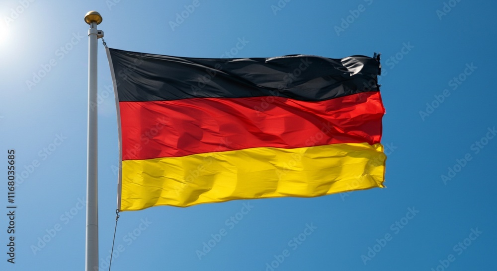 German Flag Waving Black Red Gold National Symbol Clear Sky German Flag Waving Black Red Gold National Symbol Clear Sky