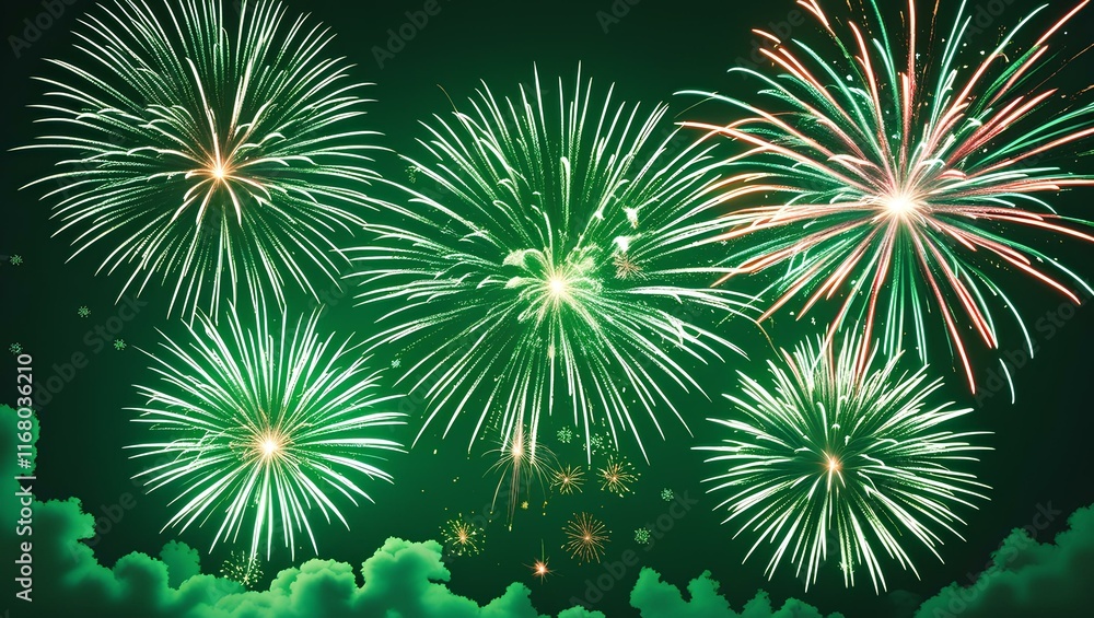 Fototapeta premium Night sky filled with vibrant green and white fireworks, creating a stunning visual spectacle against the darkness