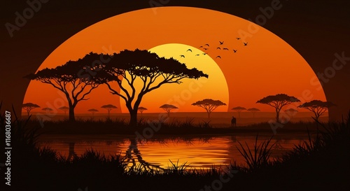 African Sunset Silhouette Landscape Savanna Wildlife Nature