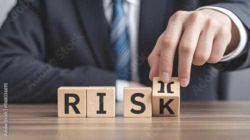 Risk management concept. Businessman hand put risk word on wooden block cube