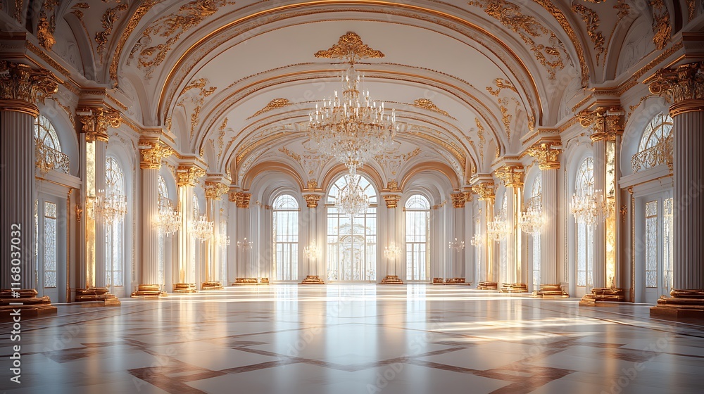 Elegant chandelier display in grand architectural hall interior Elegant chandelier display in grand architectural hall interior