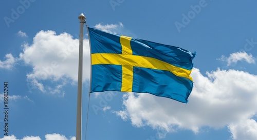 Swedish Flag Blue Yellow Cross Sky Clouds National Symbol