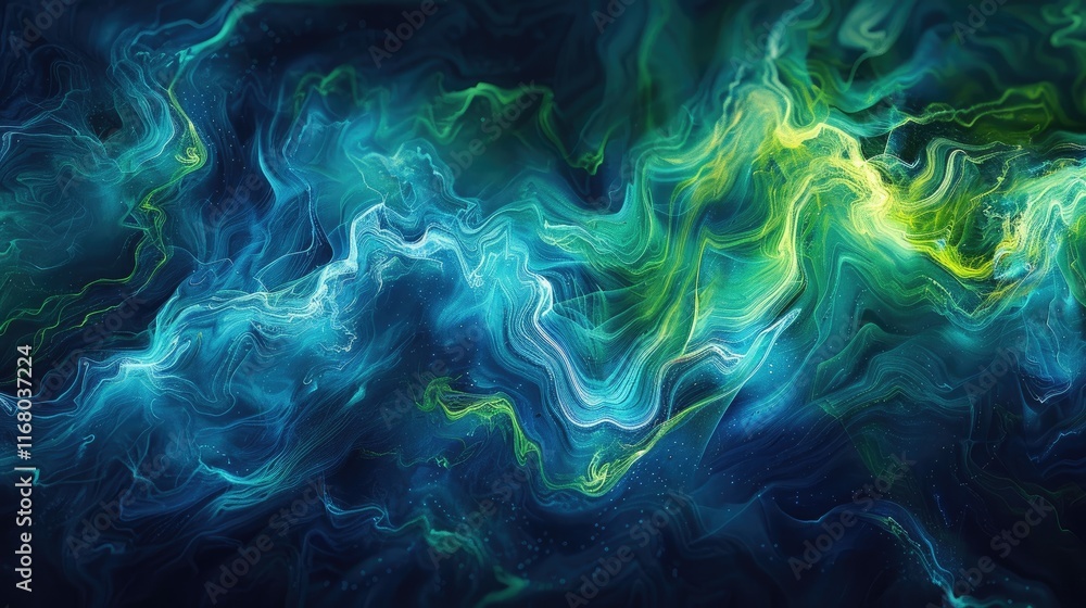 Abstract swirls and waves of electric blue and neon green colors, resembling currents of energy Abstract swirls and waves of electric blue and neon green colors, resembling currents of energy