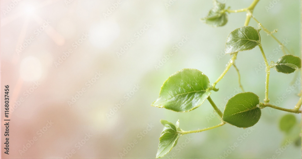 Fototapeta premium Green leaves on branch against soft blurred background