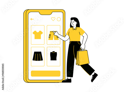 Online Shopping on Smartphone Girl Holding Yellow Shopping Bag