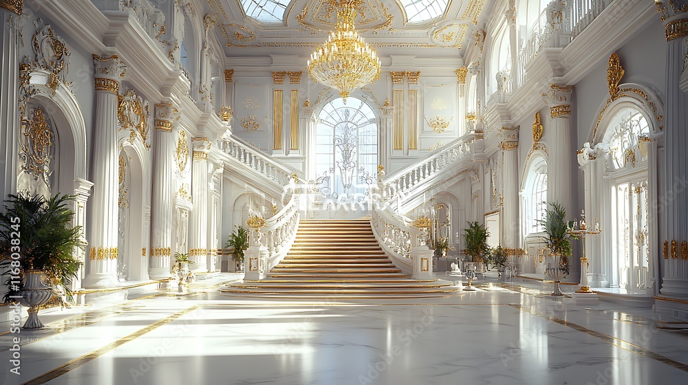 Obraz premium Elegant staircase hall a luxurious palace interior perspective