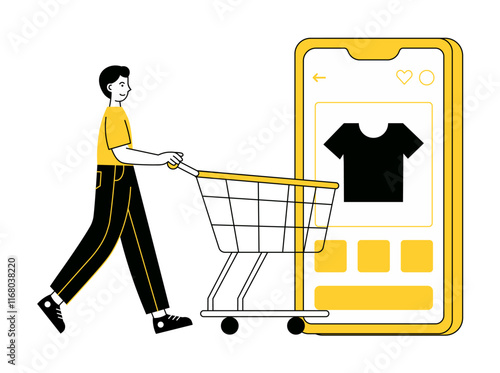 Online Shopping on Smartphone Boy Holding Shopping Cart