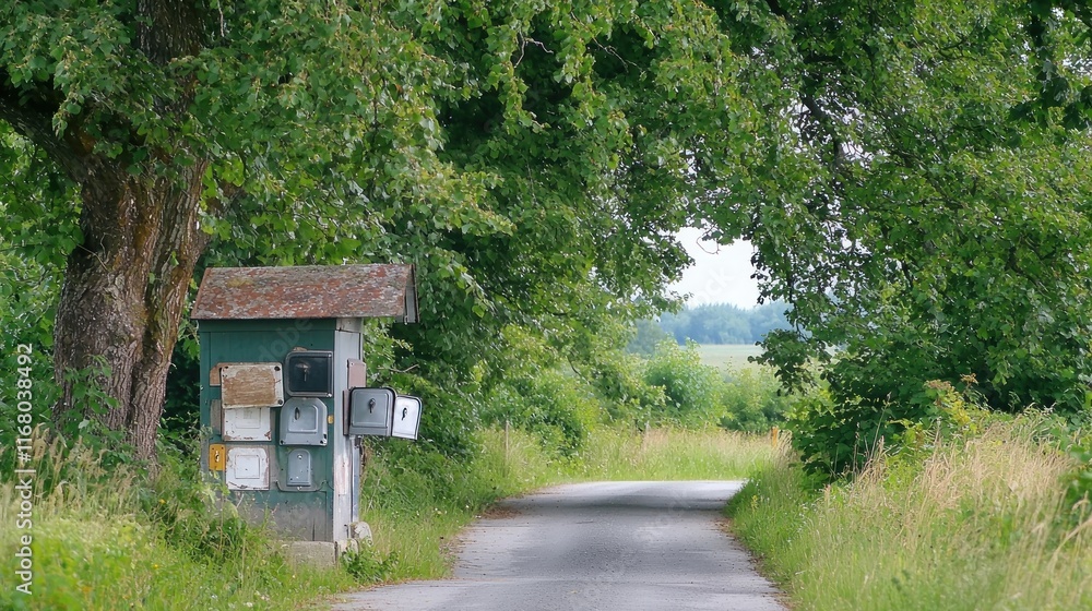 A serene country road lined with trees and a mailbox station. A serene country road lined with trees and a mailbox station.