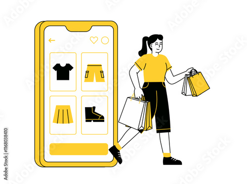 Online Shopping on Smartphone Girl in Yellow T-shirt Holding Four Shopping Bags