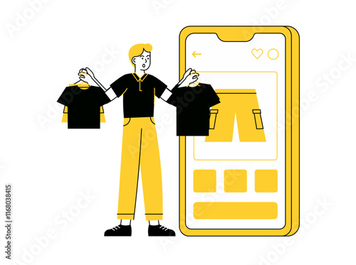 Online Shopping on Smartphone Boy Holding Two T-shirts
