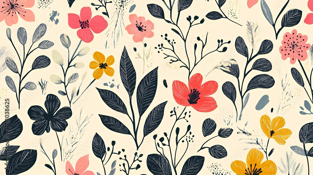 Stylish Floral Pattern With Pink Yellow And Dark Leaves Stylish Floral Pattern With Pink Yellow And Dark Leaves