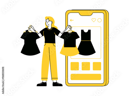 Online Shopping on Smartphone Girl Holding Two Clothes