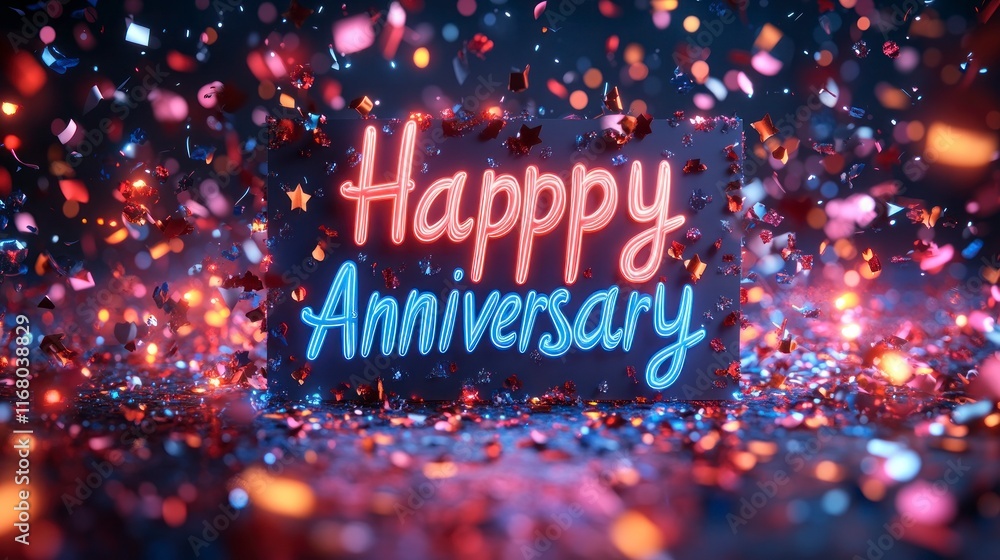 Happy Anniversary written on a modern card with silver metallic font, surrounded by confetti and streamers in vibrant red and blue, with a sparkling backdrop. Happy Anniversary written on a modern card with silver metallic font, surrounded by confetti and streamers in vibrant red and blue, with a sparkling backdrop.
