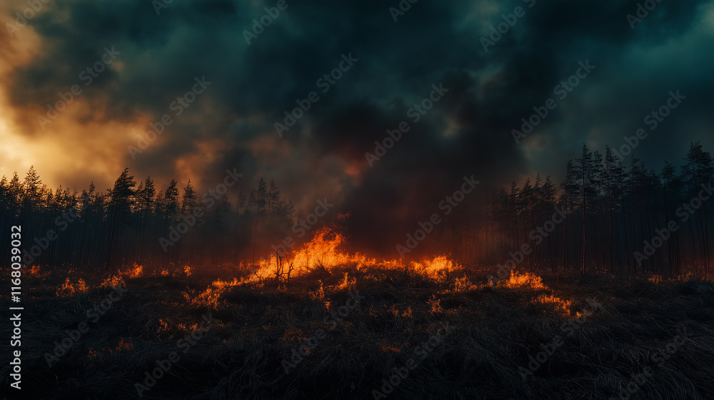Forest on fire under a darkened sky with thick smoke and bright flames, glowing horizon creating a stark contrast Forest on fire under a darkened sky with thick smoke and bright flames, glowing horizon creating a stark contrast