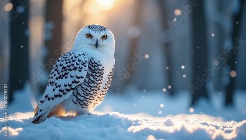 Snowy Owl Silhouetted against Snowy Forest Background, winterwinter, owlsight photo