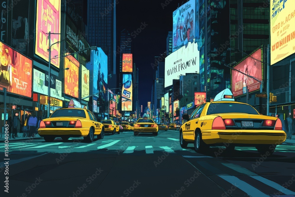 Obraz premium Nighttime City Street Scene with Yellow Taxis and Bright Lights