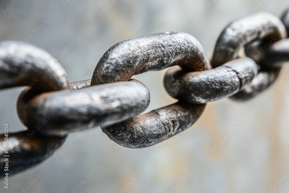 Close-up view of weathered, metallic chain links. Close-up view of weathered, metallic chain links.