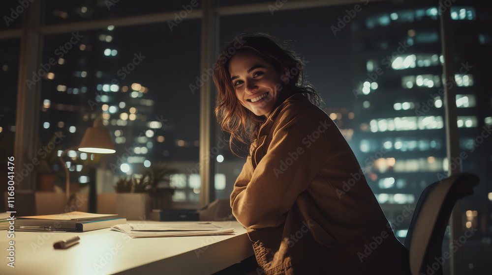 woman in brown jacket smiles while sitting at desk in modern office at night, illuminated by city lights. atmosphere is warm and inviting, showcasing her joy woman in brown jacket smiles while sitting at desk in modern office at night, illuminated by city lights. atmosphere is warm and inviting, showcasing her joy